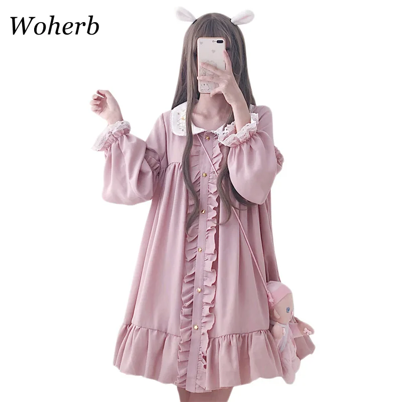 Woherb, летнее платье для женщин, Harajuku, розовое платье, для девушек, с оборками, кружево, патч, Kawaii, платья, милое Свободное платье, Vestidos 21092