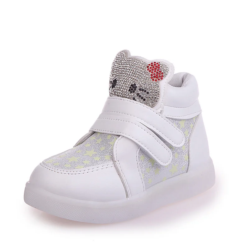 Новинка; сезон весна-осень-зима; Детские кроссовки; детская обувь; Chaussure Enfant hello kitty; обувь для девочек; Светодиодный легкие сапоги - Цвет: White