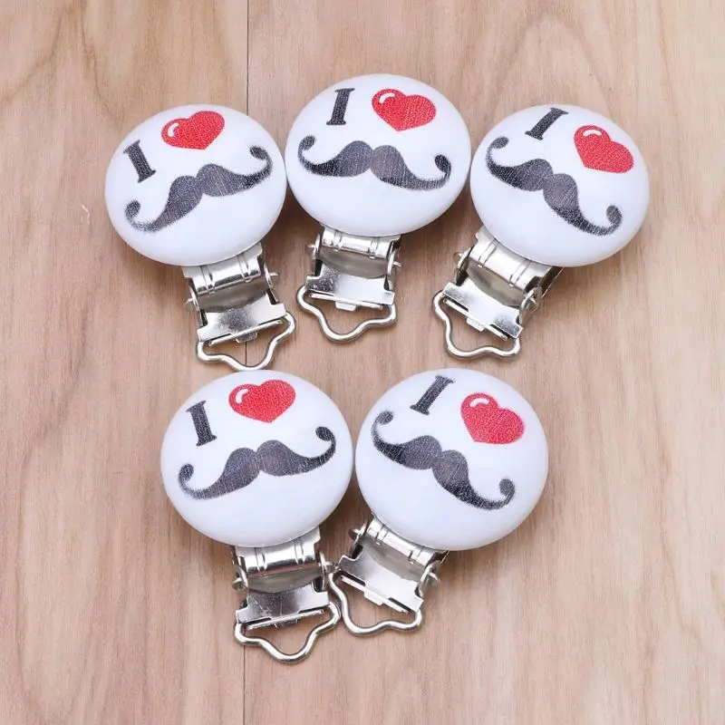 

5PCS/Lot Metal Wooden Baby Pacifier Clip Round Cute Mustache Pattern 4.4cm x 3cm