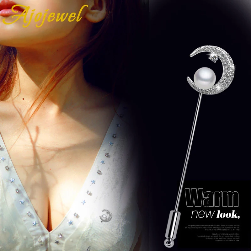 

Ajojewel Luxury Zircon Winding Moon Brooch High Quality Micro-inlay Clear Cubic Zircon White Simulated Pearl Brooches For Women