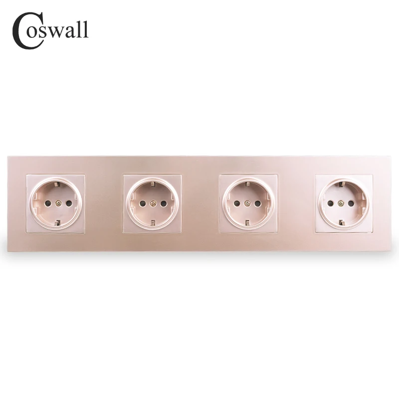 

COSWALL Quality Gold 4 Way Wall Power Socket Plug Grounded 16A EU Standard Electrical Quadruple Outlet AC 110~250V