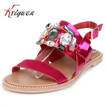 Big size 32-43 summer beach shoes luxury rhinestone hot flats shoes solid 100% real leather cowhide girls’ women party sandals