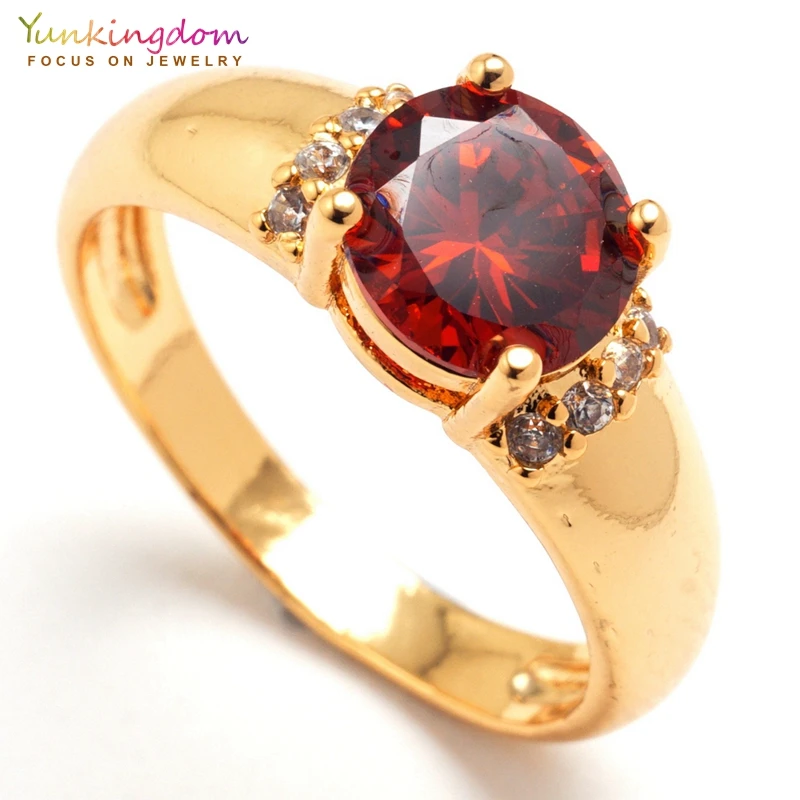 

Yunkingdom hot sale rings for women red crystal zircon jewelry yellow gold color ring wholesale