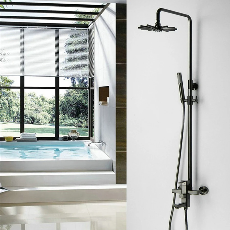 

Bathroom Oil Paint Black Shower Set Wall Mounted 8" Round / Sun Flower Rainfall Shower Mixer Tap Faucet 3-functions Mixer Valve