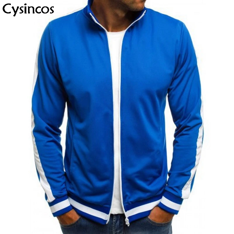 

Cysincos Autumn Spring Jacket Men Outerwear Warm Jackets Cotton Basic Solid Color Sides Striped Casual Elastic Zipper Coats Male