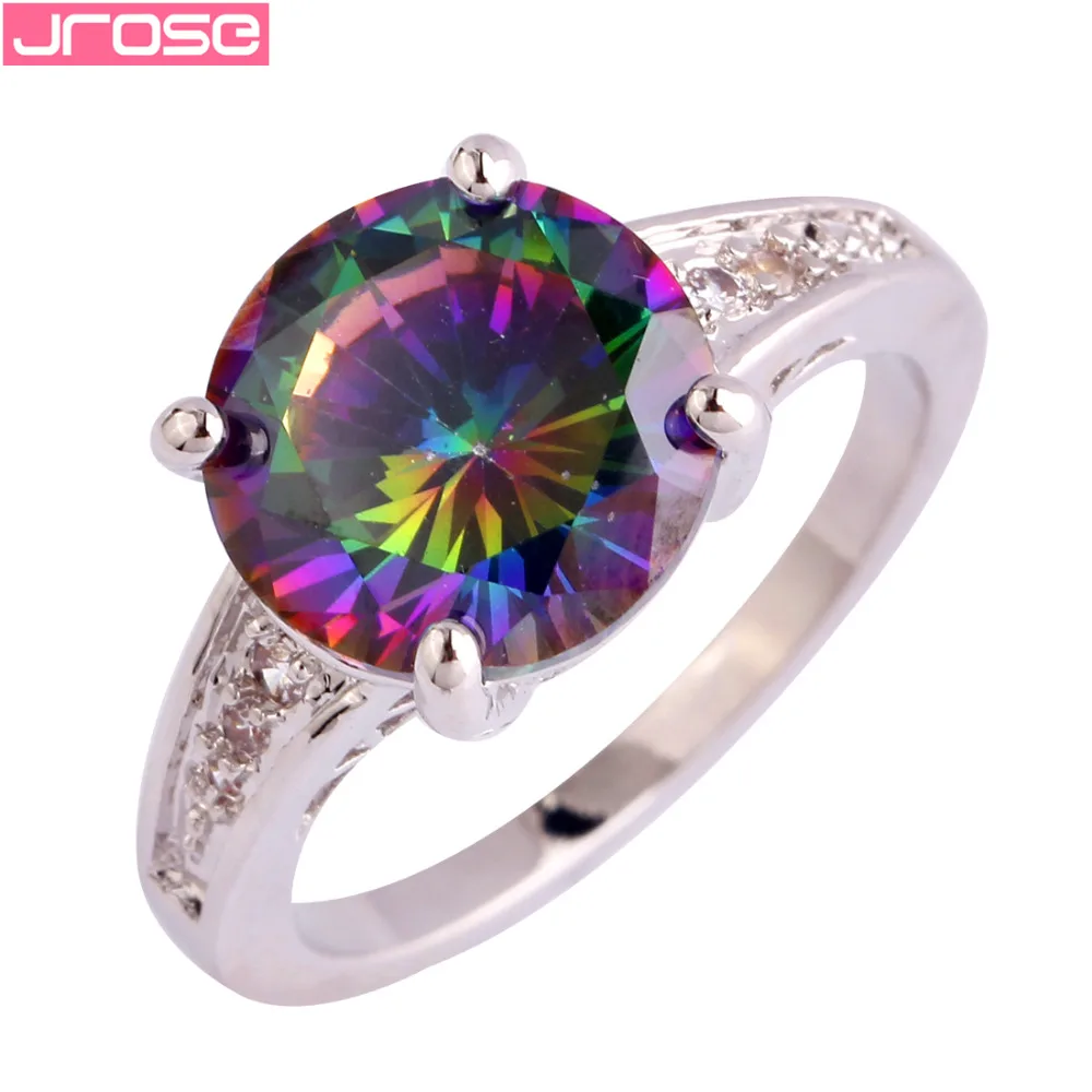 

JROSE Wedding Engagement Fashion Round Cut Rainbow & White CZ Silver Color Ring Size 6 7 8 9 10 11 12 13 For Women Beauty Mystic