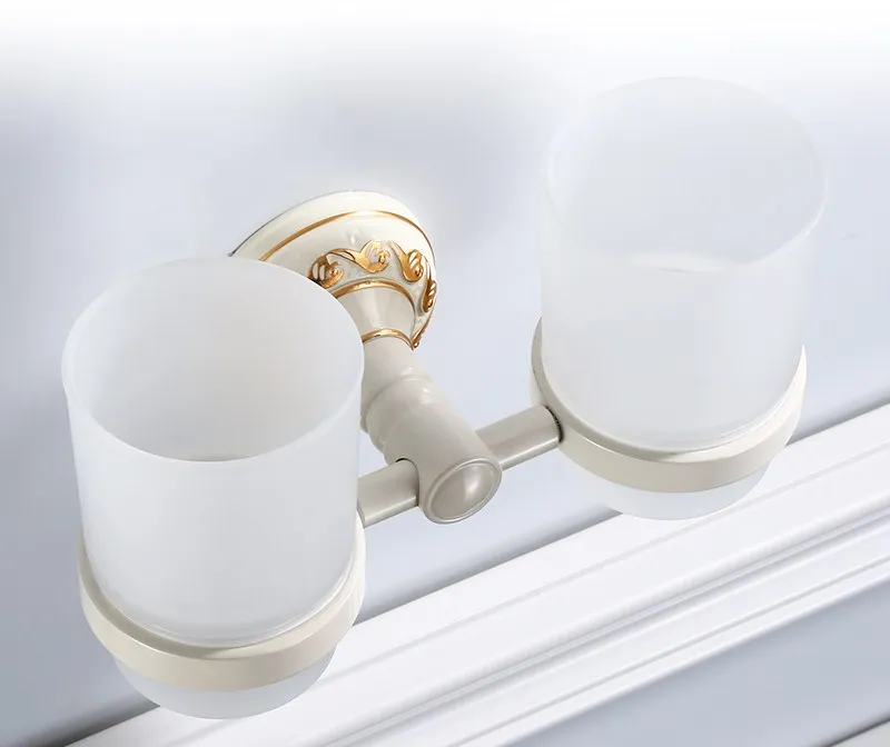 Baked white lacquer European style bathroom square paper box space aluminum antique platoon hook bathroom hardware set - Цвет: double cup holder