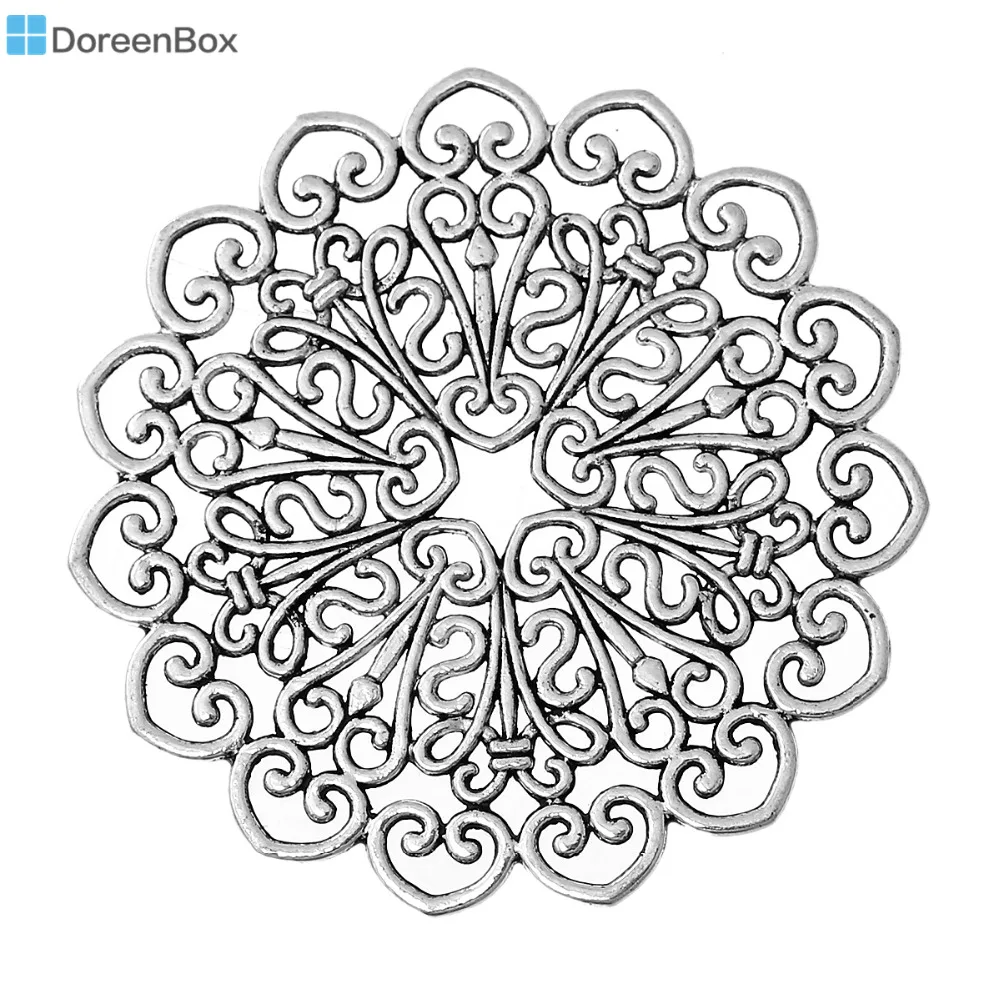 Filigree Stamping Embellishments Findings Round Antique Silver Hollow Pattern 53mm(2 1/8") x 53mm(2 1/8"), 10 PCs 2016 new