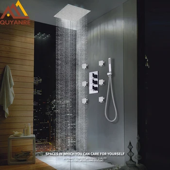 

Quyanre Thermostatic Shower Faucets Set Ultrathin Rain Shower Head 6pcs Massage SPA Jets 3-way Thermostatic Mixer Bath Shower