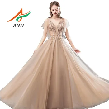

ANTI 2019 New Arrival Champagne Evening Dress 3D-Flower Beading Crystal Banquet Elegant Floor-length Party Gowns Robe De Soiree