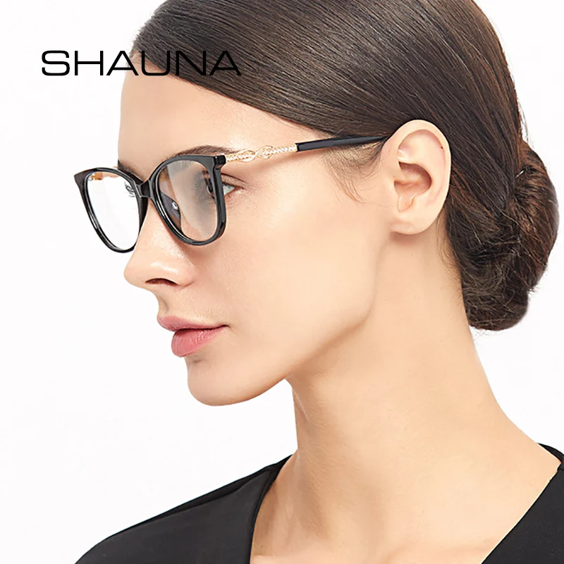 

SHAUNA Luxury Crystal Decoration Eyeglasses Frame Women Resin Lens Optical Glasses