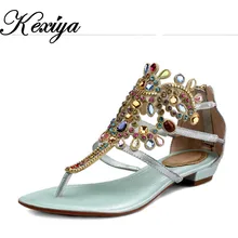 Hot sale ! Big Size 34-43 Fashion summer style Genuine leather women flats Diamond decoration thong Gladiator sandals QM-705