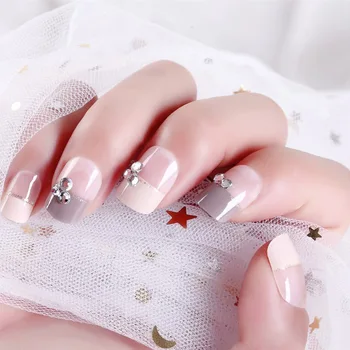 

24pcs Sweet Princess Light Grey False Nails Rhinestone Short Square Full Cover Acrylic Nail Art Fake Nail Tips With Glue