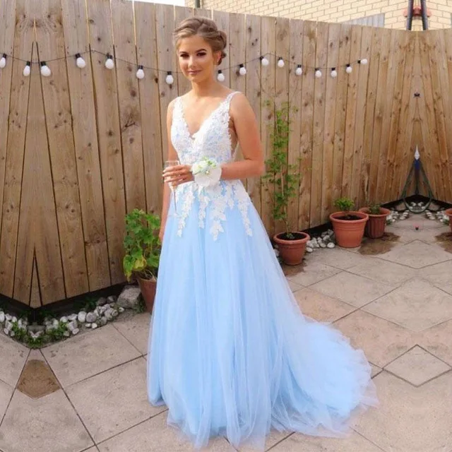 

BONJEAN Sky Blue V Neck Lace Appliques Tulle Evening Dresses 2019 Elegant V Back Formal Party Prom Gown Plus size robe de soiree