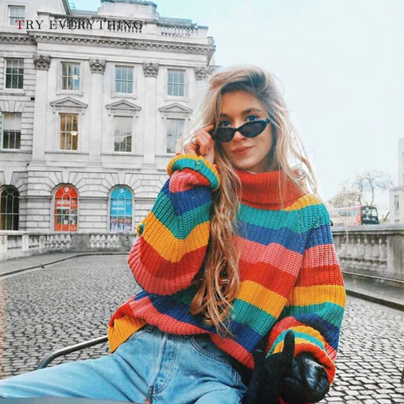 

Rainbow Turtleneck Sweaters Women Winter 2019 Autumn Knit Sweaters Women Striped Women Sweaters And Pullovers Korean Style Women