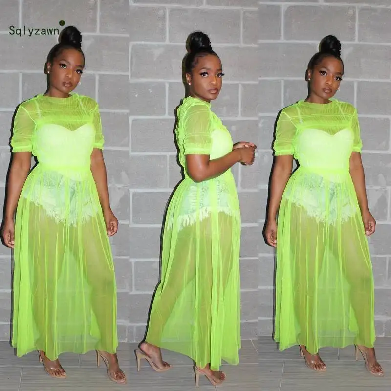

Women Summer Maxi Fluorescent Pleated Mesh See Through Long Dress Streetwear Neon Transparent Ruffle Beach Dress Plus Size 3XL