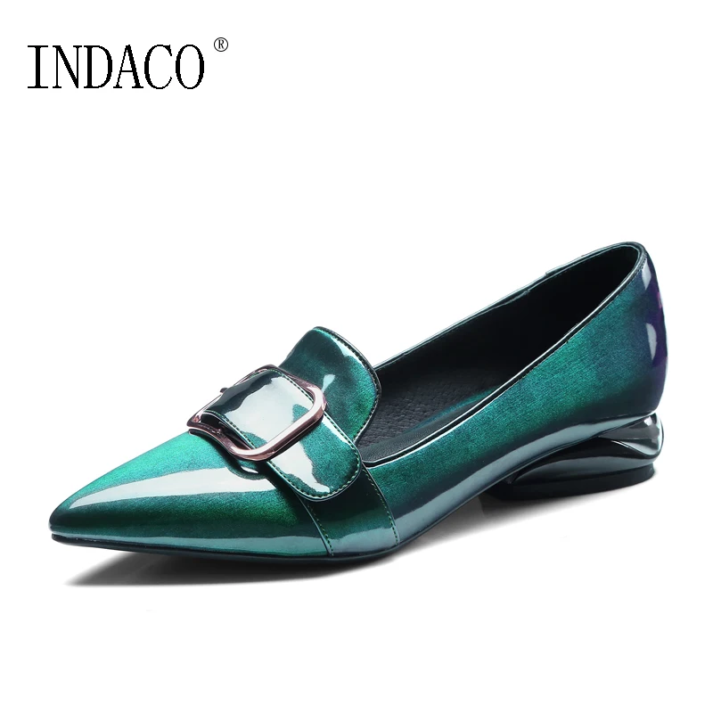 

2019 Spring Pointed Toe Patent Leather Green Flat Shoes Fashion Driving Shoes Slip on Ballerines Femme Chaussures Cuir 2.5cm
