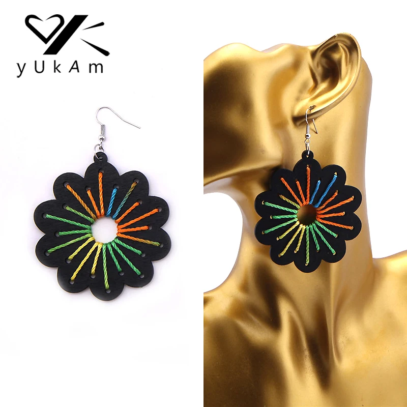

YUKAM Bohemian Handmade Womens Flower Natural Wood Earrings Painted Hollow Out Wooden Statement Earrings Large Dangle Earrings