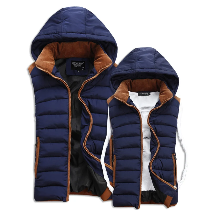 2015 Spring New Casual Men Vest With Hood Slim Cotton padded Hooded