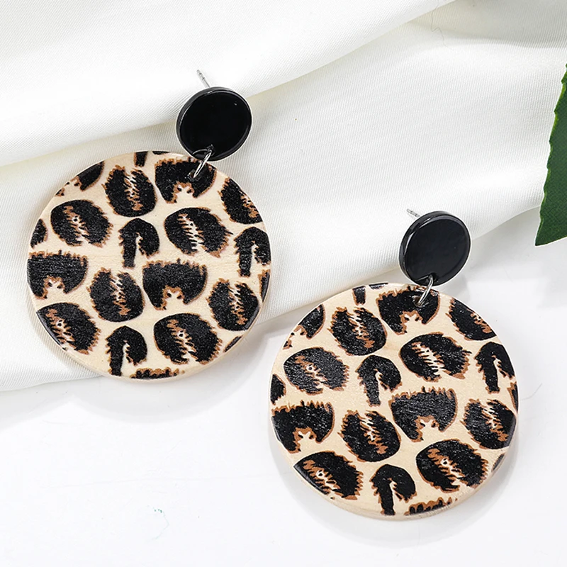 

AENSOA Unique Design Vintage Leopard Wood Round Pendant Earrings African Sexy Leopard Big Drop Earrings For Women Wooden Jewelry