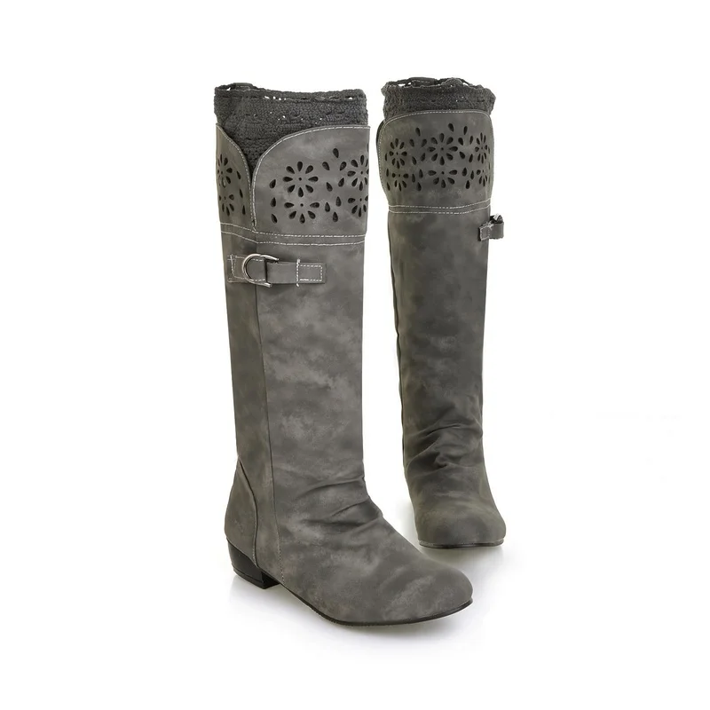43 Largo grey Boot Zapatos Hueco Plisado Del Mujer La Bajo Crochet Rodilla Señora black yellow Cordón Flor Beige Talón Casual Slip Botas Hasta Cuero On Mujeres RSxaZZ