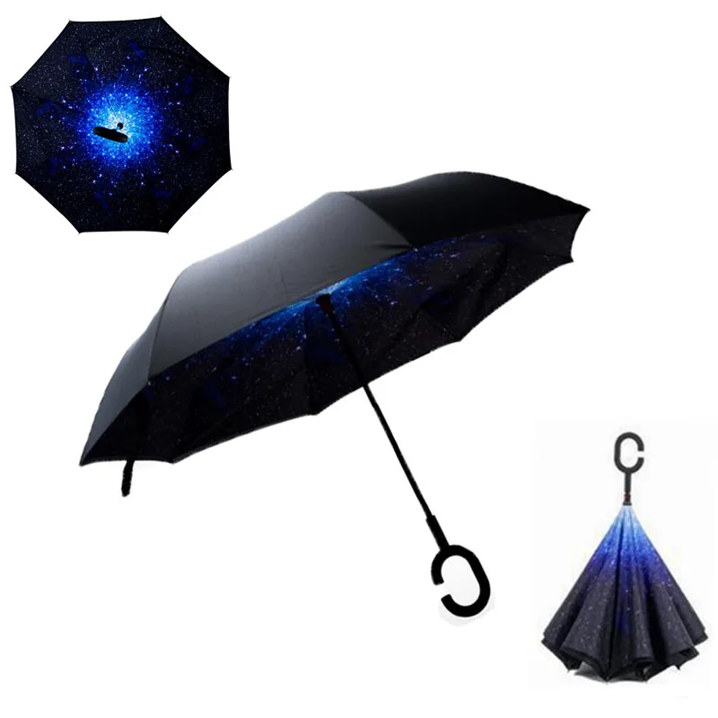 Складной обратный зонтик, двойной слой, перевернутый, ветрозащитный, дождевик, автомобильный Зонтик для женщин, C образной ручкой, длинная ручка, дождевик - Цвет: Stars