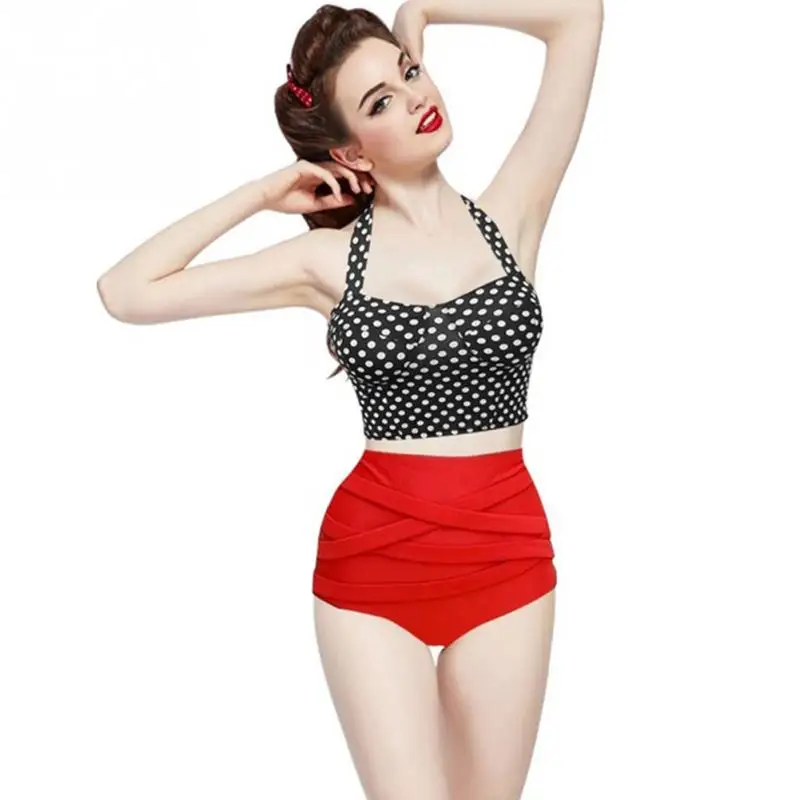 

2pcs/Set Sexy Summer Swimwear Suit black white dots swimsuit high waist type beachwear bikini without pad