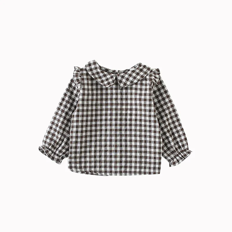 Autumn New Arrival cotton all-match plaid pattern Ear Fungus collar lovely Long Sleeved shirt for cute sweet baby girls