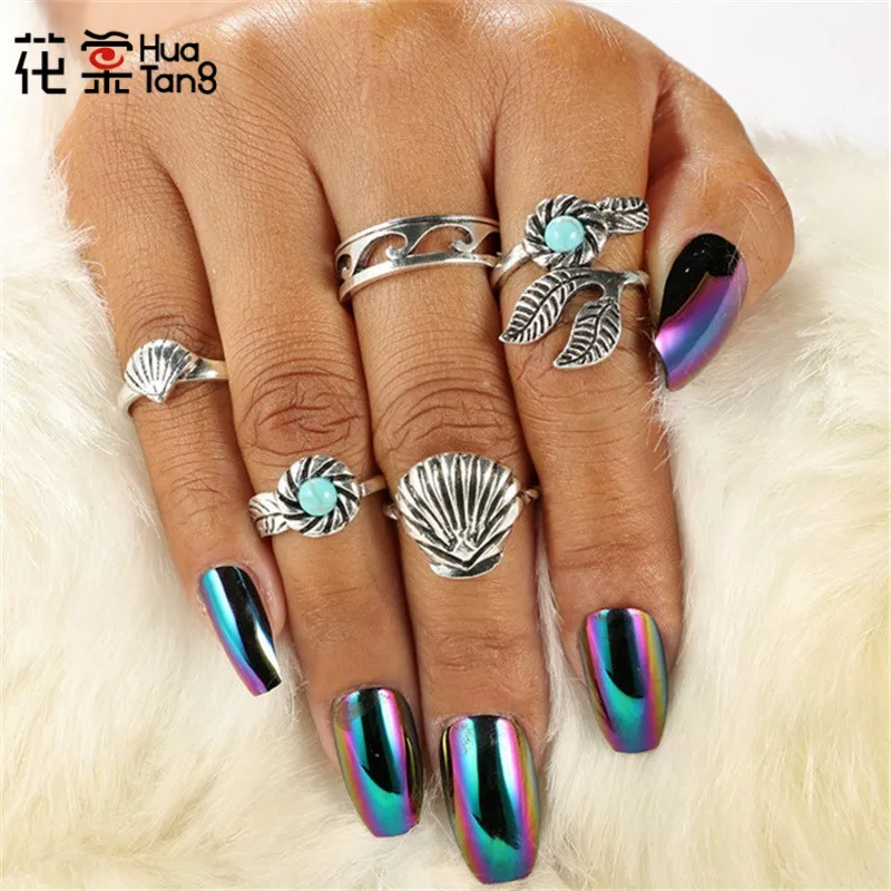 

HuaTang Carved Shell Flower Leaf Rings for Women Antique Green Rhinestone Knuckle Midi Rings Party Jewelry Gift Brinco 3845