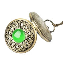 Vintage Bronze imitation Emerald gem pocket watch Hollow Men Women Quartz Pocket Watch Necklace Pendant gift