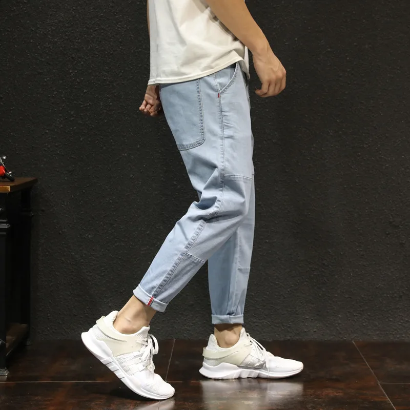 

2019 Spring and Summer New Men's Nine Points Jeans Stretch Slim Feet Fashion Stitching Large Size Harlan Men's Denim Hip Hop