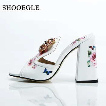 

2019 New Summer Shoes Woman Chunky Heel Sandals Rose Printed High Heels Crystal Flower Peep Toe Mules Block Heel Sandal Slippers