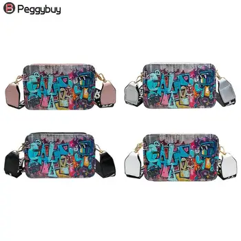 

Women Crossbody Bag Graffiti Female Pu Leather Mini Handbags Wide Shoulder Belt Girls Small bag Zipper Crossbody Bag