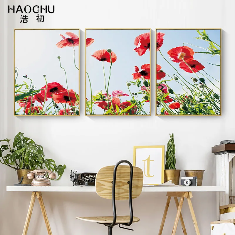 

HAOCHU modern art plant flower watercolor triple painting home decor canvas printing gift wall picture decoration large poster