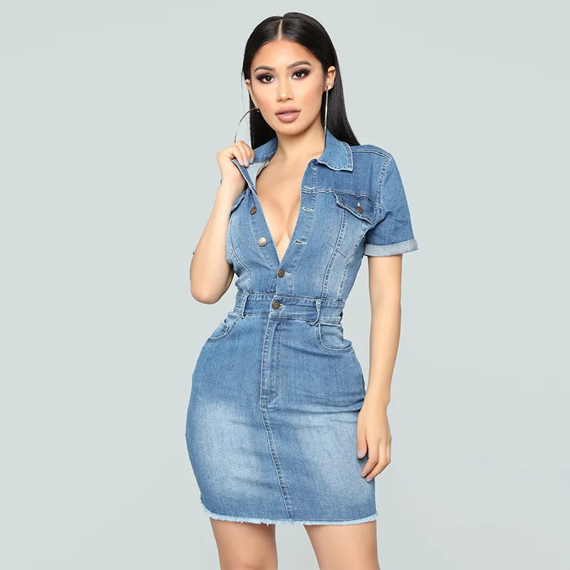 Summer Women Denim Dress Vintage Single Breasted Short Sleeve Slim Turn down Collar Jeans