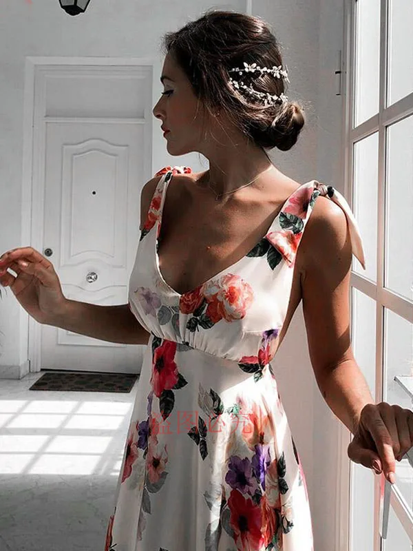 Hirigin женское пляжное платье в стиле бохо, женское цветочное кружевное платье с открытой спиной и v-образным вырезом, длинное платье макси в цветочек, вечернее для вечеринок без рукавов, макси платье