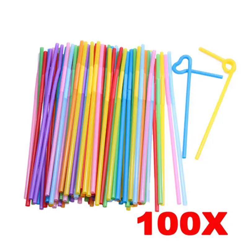 

100pcs/set PP Plastic Flexible Ice Tea Bar Party Disposable Drinking Drink Straws Bendable Straw Multicolor