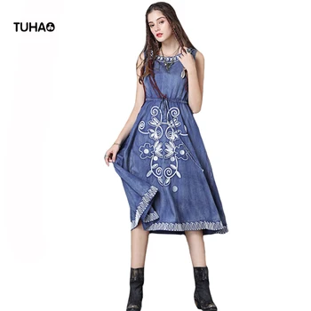 

Retro Summer Dress Women Floral Embroidery Back Zipper Drawstring High Waist O-neck Sleeveless Tank Denim Dresses T2039