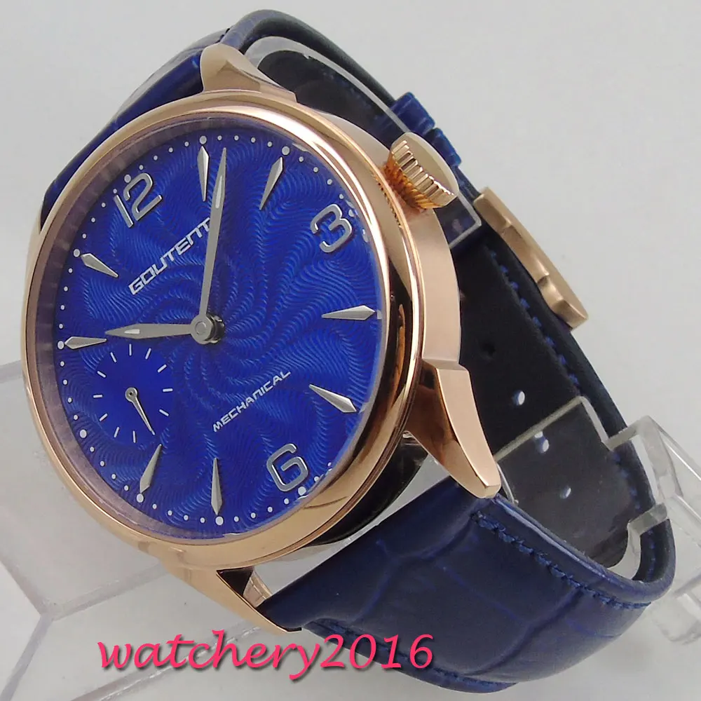 

42mm Blue Dial Rose Golden Plated 17 Jewels 6497 Hand Winding Mechanical men's Watch
