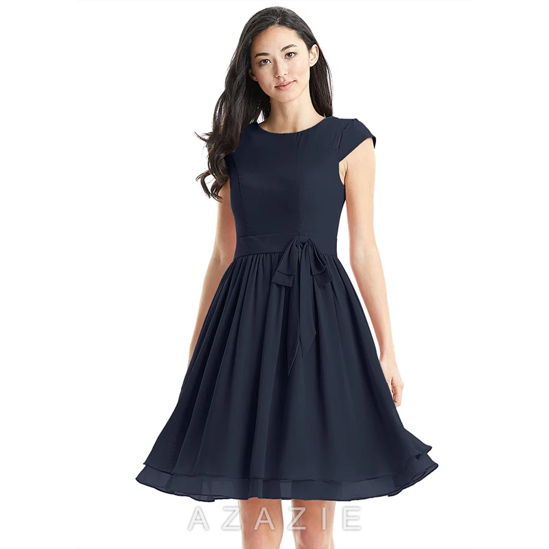 

Hot! 2019 Country Dark Navy Short Bridesmaid Dresses for Wedding Long Chiffon A-Line Formal Party Modest Maid Of Honor Dresses