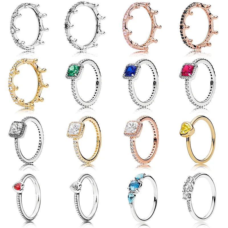 

16 Style 925 Sterling Silver Women Fashion Ring Diy Style Rose Gold Crown Love Crystal Ring For Women Jewelry