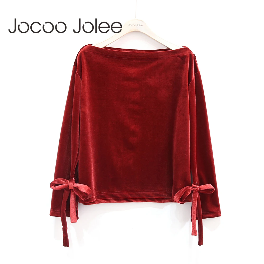Jocoo Jolee винтажные велюровые женские пуловеры модные с бантом на шнуровке с длинными рукавами для зимы с круглым вырезом теплые толстовки 2017