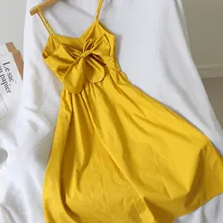 Платье MUMUZI с открытой спиной и бантом праздничные желтые платья на тонких бретелях пикантная пляжная одежда платье-майка однотонные платья