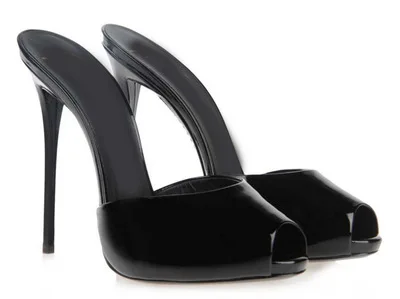 

New Arrivals Women Solid Black Patent Leather Peep Toe Sandals Fashion Slip On Sky High Thin Heel Dress Shoes High Quality