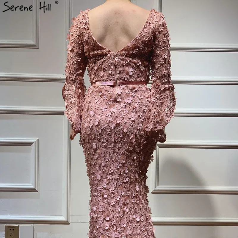 Сексуальные розовые платья русалки с v-образным вырезом, ручная работа, цветы, длинные рукава, платья для выпускного вечера