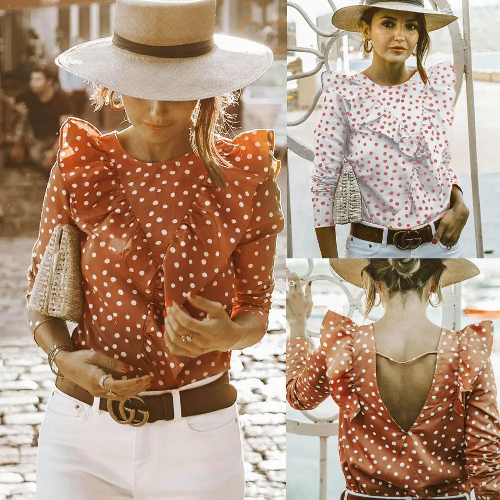 

2018 Women T-Shirts Polka Dot V-Back Tops Ladies Summer Ruffles T Shirt Top Casual Women Clothes Tops Fashion New Arrivals
