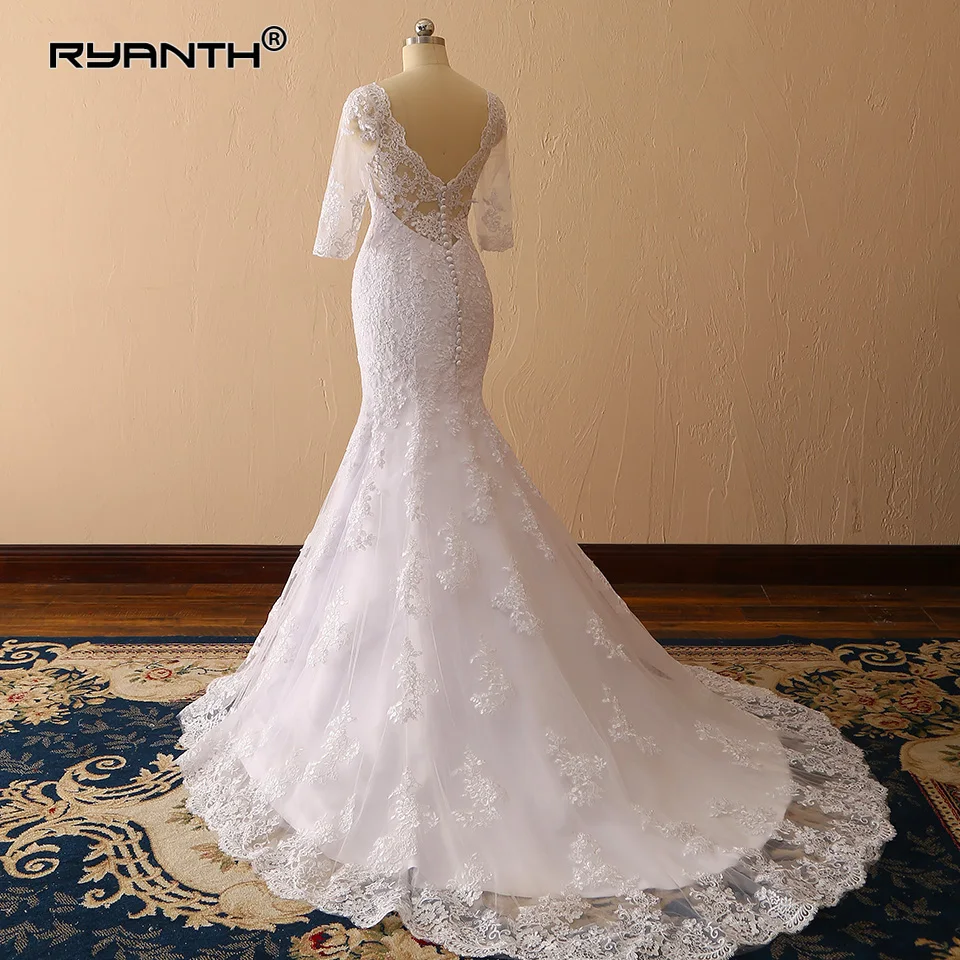 Ryanth Vestido de Novia с кружевом и жемчугом на высоком каблуке Свадебные платья Русалочки сексуальный v-образный вырез с коротким рукавом Свадебный платья свадебное платье для невесты