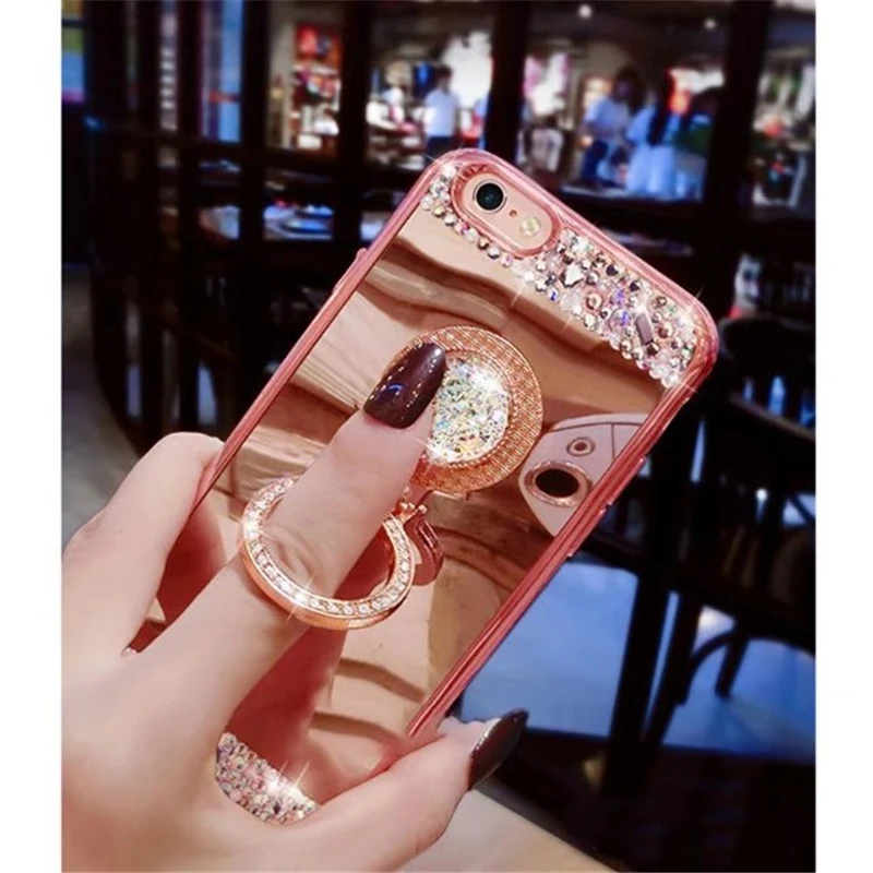 

Luxury Jewelled Shiny Plating Mirror Case For iPhone 8 7 6 6S Plus Case Ring Holder Protective Back Cover For iPhone 7 8 Plus