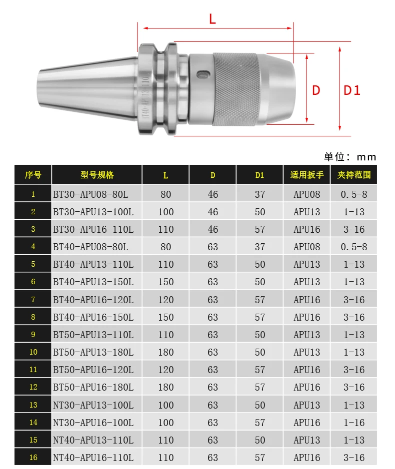 1 шт. BT30 BT40 NT30 NT40 APU08 APU13 APU16 80L 100L 110L Self-Зажимной патрон ручка для подключения сверлильный патрон