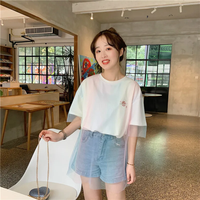 2019 الصيف الكورية فضفاض المطرزة تي شيرتات قصيرة الاكمام الإناث منتصف طول التدرج شبكة تي شيرت الكبس قميص قمم المحملة 2019 الصيف الكورية فضفاض المطرزة تي شيرتات قصيرة الاكمام الإناث منتصف طول التدرج شبكة تي شيرت الكبس قميص قمم المحملة